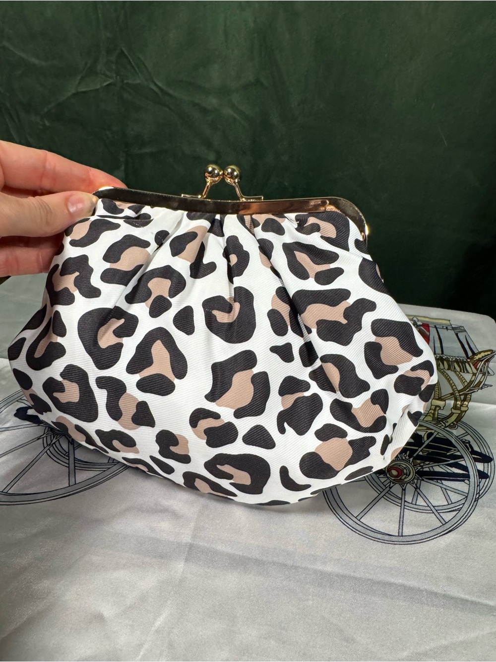 Leopard Print Pleated Clasp Clutch in White, Beige & Black